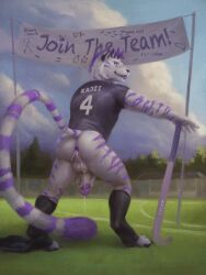 anthro anus ass backsack balls bodily_fluids bottomless bottomless_anthro bottomless_male bottomwear bottomwear_around_one_leg bottomwear_down circumcised circumcision_scar clothed clothing clothing_around_one_leg cum cum_from_ass cum_in_ass cum_inside cum_string digital_media_(artwork) ejaculation english_text erection feet felid field_hockey fingers footwear fur genital_fluids genital_scar genitals hand_on_penis hi_res holding_object holding_penis holding_stick humanoid_genitalia humanoid_penis leaking_cum looking_back male mammal nude orcfun outside pantherine partially_clothed pawpads penis rear_view scar shirt shorts shorts_around_one_leg shorts_down sign smile solo sports_uniform stick tail text text_on_clothing text_on_topwear tiger toes topwear uniform