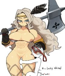 amazon_(dragon's_crown) blonde_hair blue_eyes body_worship emotionless femdom humping licking malesub no_penetration panties_on_head weapon