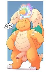anthro balls bodily_fluids dialogue foreskin generation_9_pokemon genital_fluids genitals gesture gralicbutter hand_gesture hi_res humanoid_genitalia humanoid_penis leaking_precum male mega_dragonite mega_evolution navel nintendo penis pointing pointing_at_penis pokemon pokemon_(species) precum solo tail threatening wings