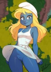 ass_visible_through_thighs blonde_hair blue_eyes blue_skin blurry blurry_background bottomless breasts bush closed_mouth colored_skin commentary female forest hat highres lips long_hair looking_at_viewer nature no_panties pussy signature small_breasts smile smurfette solo the_smurfs white_hat zoobastik