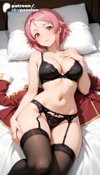 1girls 2026 ai_assisted ai_generated anime artist_name bed bed_sheet black_bra bra breasts bust explicit garter_belt garter_straps hair_ornament head_on_pillow hi_res high_quality high_resolution highres laying_down lisbeth lying lying_on_back navel on_back on_bed patreon patreon_username pillow shinozaki_rika skypassion stable_diffusion sword_art_online sword_art_online:_alicization thighhighs underwear watermark