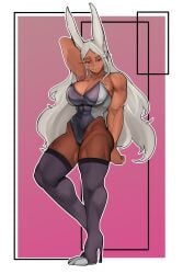 1girls alternate_costume alternate_hairstyle animal_ears armpits ass bare_shoulders big_breasts boots breasts brothbowl bunny_ears cleavage clothing curvy dark-skinned_female dark_skin eyelashes female female_focus female_only full_body grey_hair half-closed_eyes high_heel_boots high_heels highres hips human large_breasts legwear leotard looking_at_viewer messy_hair miruko muscular muscular_female my_hero_academia one_arm_up pantyhose parted_bangs parted_lips pink_background pinup red_eyes revealing_clothes rumi_usagiyama seductive sidelocks simple_background skimpy skindentation sleeveless smile solo solo_female strapless strapless_leotard thick_thighs thigh_boots thighhighs thighs very_long_hair voluptuous white_border wide_hips