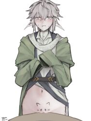 artist_name bottomless character_request commentary danjii_1234 do_you_want_to_pet_my_cat_(meme) elf female highres long_sleeves looking_to_the_side navel original pointy_ears pussy short_hair simple_background table tagme untranslatable_commentary