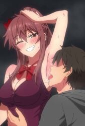 1boy 1girls animated armpit_focus armpits bakushin_o_armpit_gif_(meme) blush bow bowtie braid breasts brown_eyes brown_hair cleavage grin half_up_braid highres large_breasts licking licking_armpit long_hair maple-chan maple_leaf_hair_ornament maplestar meme one_eye_closed original ponytail presenting_armpit red_bow red_bowtie saliva shirt short_hair sleeveless sleeveless_shirt smile star-shaped_pupils star_(symbol) straight symbol-shaped_pupils tagme video