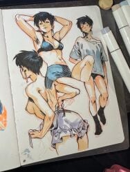 armpit_hair armpits arms_up big_ass big_butt black_hair breasts dress earrings hand_drawn hands_behind_head medium_breasts meryl_stryfe miniskirt omgktoeto oversized_clothes oversized_shirt short_hair skirt thick_thighs traditional_art traditional_drawing_(artwork) traditional_media traditional_media_(artwork) trigun undoing_clothing undressing