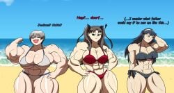 3girls abs big_breasts bikini black_hair blue_eyes blue_hair breast_expansion breasts clouds english_text fate/stay_night fate_(series) female female_only fire_emblem fire_emblem_awakening heavypowerfull huge_breasts jealous jealous_female lucina_(fire_emblem) multiple_girls muscle_envy muscle_growth muscular muscular_female sand seaside side six_pack sky tohsaka_rin uzaki-chan_wa_asobitai! uzaki_hana white_hair