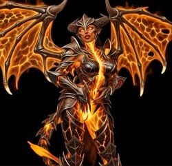 ai-created ai_art ai_generated armored_female biara corruption demon_girl demon_horns demoness heroes_of_might_and_magic heroes_of_might_and_magic_5 seductive_body seductive_look seductive_pose succubus succubus_horns succubus_wings yellow_eyes