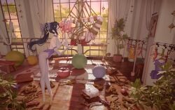 2girls absurdres arms_behind_back ball_gag ballet_slippers black_hair bondage bound butt_plug character_request collarbone commentary_request copyright_request dildo drooling egg_vibrator gag gagged highres hogtie indoors koala-mitsuri leotard long_hair multiple_girls pantyhose pink_hair ponytail purple_leotard pussy_juice red_leotard restrained reverse_prayer sex_toy shibari_over_clothes suspension vibrator white_pantyhose wiffle_gag yuri