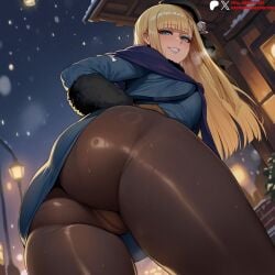 ai_generated ass ass_focus bangs beret black_headwear black_pantyhose blonde_hair blue_dress blue_eyes blue_jacket blue_lips blue_scarf blunt_bangs blush breasts brown_gloves brown_pantyhose cameltoe clothing crotch dress duxvector fate/grand_order fate_(series) female female_only flower from_behind from_below fur_collar fur_trim gloves grin hat headwear jacket lamppost large_breasts long_hair long_sleeves looking_at_viewer looking_back lord_el-melloi_ii_case_files makeup medium_breasts night outdoors pantyhose patreon_logo patreon_username purple_scarf reines_el-melloi_archisorte scarf smile snow snowing solo sweat thick_thighs thighs tilted_headwear trefoil type-moon web_address