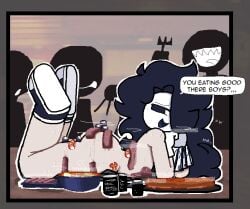 1boy 1femboy 2026 2d 2d_(artwork) arcaned_roses ass background_characters black_hair butt_naked chopsticks comic comic_panel dialogue digital_drawing_(artwork) digital_media_(artwork) english_text femboy food food_on_body food_play fork gloves hair holding_money long_hair money naked naked_femboy naked_male nude nude_femboy nude_male pale-skinned_femboy pale-skinned_male pale_skin restaurant restaurant_background restaurant_setting roses_(roses_arcaned) roses_arcaned shoes shoes_on soup speech_bubble steam steam_clouds steaming steamy sushi sweat sweatdrop sweating sweating_body sweating_male sweaty sweaty_body sweaty_face sweaty_femboy text white_gloves