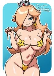big_breasts bikini blonde_hair blush crown curvy_figure female hair_over_one_eye iamsyntara long_hair looking_at_viewer princess_rosalina pulling_clothing rosalina sexy_female simple_background simple_coloring simple_shading smile stars syntara the_super_mario_galaxy_movie wide_hips