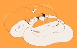 anthro baseball_cap big_breasts bubble_ass bubble_butt canine clothed dog_tail double_chin exposed_nipples fat_arms female female_anthro gamer_dog_(neetbean) hat huge_breasts immobile movement_lines neetbean nipples obese obese_female orange_background overweight overweight_female sunken_limbs sweat sweating sweaty_face tail thick_thighs wide_hips