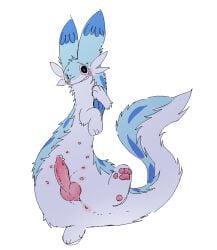 blush bodily_fluids chillet feet feral genital_fluids genitals knot knotted_penis leaking_precum lying male nervous nervous_smile nervous_sweat on_back pal_(species) palworld pawpads paws penis pocketpair precum solo sweat youtubepoopbirthday