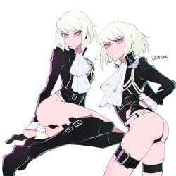 1boy androgynous ass ass_focus blush blushing_at_viewer bob_cut boots embarrassed femboy femboy_only leotard lio_fotia looking_at_viewer luciferic multiple_views petite petite_body petite_male promare short_hair slim slim_male slim_waist solo thigh_strap tsundere twink