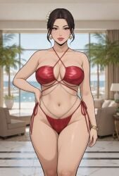 ai_generated armpit_crease bangle bikini_strings brown_hair bursting_breasts bust cel_shading chain_accessory curtains earrings female flat_colors furniture grok hair_ornament hair_strand hair_tied_back heart_earrings indoors inner_sideboob large_breasts light_skinned_female lipstick milf mommy ocean_background one_hand_on_hip pelvic_line red_bikini resort rgomez007 ruched seductive_smile self_upload short_hair side-tie_bikini side-tie_bikini_bottom solo_female standing thick_lips thick_outline thick_thighs tight_bikini underboob wide_hips