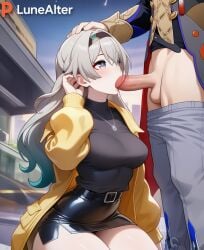 1boy 1girls ai_generated alternate_costume big_ass big_breasts big_butt big_penis big_thighs black_shirt black_skirt blade_(honkai:_star_rail) blowjob blush female female_focus firefly_(honkai:_star_rail) holding_head honkai:_star_rail hoyoverse light-skinned_male light_skin long_hair looking_at_partner lunealter male mihoyo multicolored_eyes multicolored_hair on_knees pale-skinned_female pale_skin pants_down thick_ass thick_hips thick_legs thick_thighs yellow_jacket