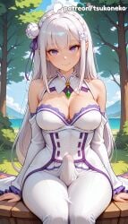 1futa 2026 ai_assisted ai_generated anime artist_name bangs bare_shoulders bare_tree braid breasts bust cock dick dress emilia emilia_(re:zero) explicit flower forest futanari hair_flower hair_ornament hair_ribbon hi_res high_quality high_resolution highres long_hair nature outdoors patreon patreon_username penis pointy_ears purple_eyes re:zero_kara_hajimeru_isekai_seikatsu ribbon silver_hair smile solo stable_diffusion testicles tsukoneko watermark