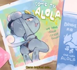 2026 alolan_form alolan_meowth anthro ass bent_legs bikini biped black_bikini black_clothing black_swimwear clothed clothed_anthro clothed_female clothing crouching cute_fangs dialogue digital_media_(artwork) ellipsis english_text fangs feet female female_anthro generation_7_pokemon genitals grey_body handwritten_text hi_res ligma_(artist) looking_at_viewer low-angle_view nintendo open_mouth open_smile pinup pokemon pokemon_(species) pose post postcard pupils pussy_floss red_eyes regional_form_(pokemon) seductive shaded smile solo swimwear tail teeth text two-piece_swimsuit vulva whiskers white_pupils white_sclera white_text yellow_text