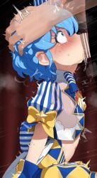 1boy absurdres bar_censor blue_eyes blue_hair blue_hat blush braid censored deepthroat dorothy_west ear_blush fellatio female from_side gradient_background hands_on_another's_head hat highres irrumatio mizumizuni navel oral penis pretty_series pripara puffy_short_sleeves puffy_sleeves red_background short_hair short_sleeves single_braid solo_focus straight sweat