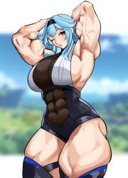 abs alternate_body_type arms_behind_head blue_hair clothing eula_(genshin_impact) flexing genshin_impact huge_breasts legwear looking_at_viewer multicolored_eyes musctonk muscular muscular_female muscular_thighs one_eye_closed thick_thighs veins