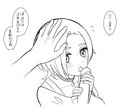 1boy anata-chan_(love_live!) blush choker commentary_request female flying_sweatdrops greyscale headpat highres imminent_fellatio ishimochi_(daleka333) looking_at_viewer love_live! love_live!_nijigasaki_high_school_idol_club love_live!_school_idol_festival_all_stars mia_taylor monochrome multiple_girls open_mouth penis penis_grab pov pov_hands simple_background speech_bubble straight tongue tongue_out translation_request white_background