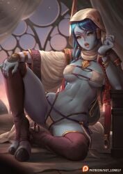 1girls abs alien_girl athletic_female bikini blue_hair blue_skin detailed_background eyepatch_bikini female female_only green_eyes hand_on_knee hood hooves kneehighs legs_apart long_eyelashes medium_breasts no_nose open_mouth patreon patreon_username sgt_lonely sky solo solo_female spread_legs stars tau warhammer_(franchise) warhammer_40k wide_hips