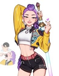 blushypixy blushyspicy braided_hair braided_ponytail clothed crop_top ear_piercing earrings finger_heart jacket kpop_demon_hunters purple_hair rumi_(kpop_demon_hunters) shorts sword white_background
