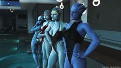 3d 4girls aria_t'loak artist_name asari ass breasts female female_only liara_t'soni major_guardian mass_effect monokini morinth one_piece_swimsuit pool poolside samara standing swimsuit