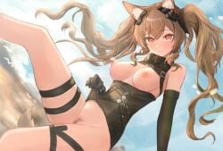 angelina_(arknights) animal_ear_fluff animal_ears arknights arknights:_endfield bare_legs bare_shoulders black_gloves black_skirt blush breasts brown_hair chinese_commentary closed_mouth clothes_lift commentary_request elbow_gloves female female_pubic_hair fox_ears fox_girl fox_tail gilberta_(arknights) gloves hair_between_eyes high-waist_skirt highres looking_at_viewer medium_breasts nipples no_panties pubic_hair red_eyes runyo_(yale12312) skirt skirt_lift solo tail thigh_strap twintails