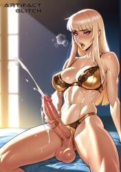 abs ai_generated artifactglitch balls ballsack bangs big_breasts big_penis blonde_hair blush boner bra crotchless_panties cum cum_dripping cumshot dickgirl erection fit futanari hand_on_penis jacking_off k/da_all_out_series k/da_series kai'sa league_of_legends legs_apart lipstick long_hair makeup masturbation on_bed open_mouth panties prestige_skin riot_games shoulders steam veiny_penis violet_eyes watermark wet