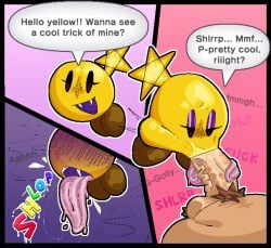 breakcoreyuri starlow mario_and_luigi_(series) mario_and_luigi:_bowser's_inside_story mario_(series) nintendo 1girls 1boy male female yellow_skin cheek_bulge text dialogue long_tongue tongue_out fangs deepthroat