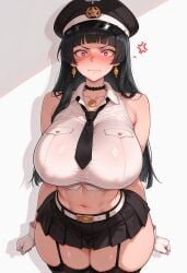 ai_generated anger_vein astra_yao bangs bare_shoulders belt black_hair black_headwear black_legwear black_skirt blunt_bangs blush bra_through_clothes breasts checkered choker closed_mouth collarbone crop_top curvaceous curvaceous_body curvy curvy_body curvy_female earrings female garter_straps gloves hat hoyoverse huge_breasts jewelry long_hair mihoyo miniskirt mole navel necktie nose_blush pleated_skirt red_eyes scinna self_upload skirt sleeveless sleeveless_shirt stable_diffusion star_(symbol) striped sweat thigh_strap thighhighs voluptuous voluptuous_body voluptuous_female white_gloves zenless_zone_zero