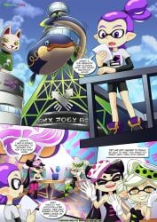 2girls breasts callie_(splatoon) comic inkling inkling_boy marie_(splatoon) palcomix purple_eyes splatoon splatoon_(series) squid_sisters staying_fresh waving yellow_eyes