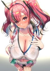 1boy 1girls asahina_hikage azur_lane bangs bare_shoulders black_bra black_panties bow bra breasts bremerton_(azur_lane) bremerton_(scorching-hot_training)_(azur_lane) crop_top eyebrows_visible_through_hair female from_above grey_hair hair_between_eyes hair_ornament hairbow hairclip highres large_breasts light-skinned_female light-skinned_male light_skin long_hair multicolored_hair out_of_frame panties panty_pull photoshop_(medium) pink_hair streaked_hair twintails two-tone_hair underwear wet wet_clothes x_hair_ornament