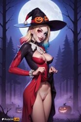 1girls ai_generated artist_name bare_tree black_nails blonde_hair blue_eyes blue_hair breasts clothes_lift dc dc_comics dress dress_lift earrings eyeshadow female female_pubic_hair flashing forest full_moon gradient_hair halloween harley_quinn harley_quinn_(series) hat hi_res jack-o'-lantern jewelry lifted_by_self lipstick long_hair long_sleeves looking_at_viewer makeup medium_breasts moon multicolored_hair nail_polish nature navel night nipples no_bra no_panties nose outdoors pubic_hair pumpkin pussy red_dress red_lips rule34lab smile solo teeth tree uncensored witch_hat