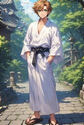 1boy ai_generated brown_hair code_geass green_eyes japanese_clothes japanese_male japanese_sandals japanese_style_architecture kururugi_suzaku male_focus male_only solo_male suzaku_kururugi trees white_yukata yukata