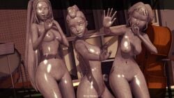 2025 3d 3d_(artwork) 3girls asfr braided_ponytail breasts defeat defeated defeated_heroine detailed_background female_only group_nudity koikatsu kpop_demon_hunters long_hair mineralization mira_(kpop_demon_hunters) naked naked_female petrification posed post-transformation rumi_(kpop_demon_hunters) short_hair statue stone_body thighs various_positions watermark zoey_(kpop_demon_hunters)