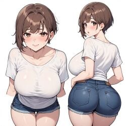 ai_generated big_ass big_breasts blush hands_on_hips looking_at_viewer looking_back short_hair short_jeans white_shirt