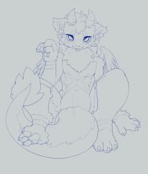 animal_genitalia anthro aruuraaru dragon feathered_wings feathers fur furred_dragon furred_scalie genital_slit genitals hi_res horn kemono line_art male mythological_creature mythological_scalie mythology nude pawpads scalie simple_background sitting solo white_background wings