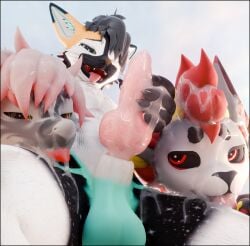 3d_(artwork) absurd_res anthro big_penis black_body black_fur blender_(artwork) bodily_fluids canid canine cum cum_drip cum_everywhere cum_in_mouth cum_inside cum_on_face cum_on_penis digital_media_(artwork) dirty double_fellatio double_oral dripping ejaculation english_text erection fellatio fox fur genital_fluids genitals goobastera group group_sex hair hi_res huge_cock knot knotted_penis licking lill_esp lill_espion looking_at_viewer looking_pleasured male male/male mammal masturbation messy nardoragon oral orgy penile penis rexouium sex tail text tired tongue tongue_out trio white_body white_fur