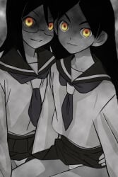 00s 2000s 2009 2girls asian asian_female bad_source bangs black_hair creepy eyebrows female female_only fujiyoshi_harumi glasses glowing glowing_eyes haruyama_kazunori japanese_female kitsu_chiri long_hair looking_at_viewer medium_hair monochrome panties pantyshot parted_bangs sayonara_zetsubou_sensei scary schoolgirl seifuku serafuku short_hair smile source_not_archived thighs thin_eyebrows underwear white_panties white_underwear