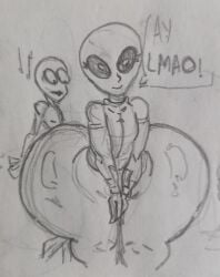 1boy 1girls alien alien_girl ass_bigger_than_head big_ass big_butt_cheeks big_eyes dame_tu_cosita grey grey_alien huge_cock kaxta looking_at_viewer meme pogchamp poggers roswell_grey thick_ass thick_thighs