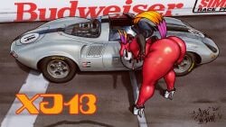 2026 anthro ass avian backsack balls beak bent_over big_butt bird black_body budweiser car clothing day demon digit_ring feathers feet femboy fingers footwear footwear_only genitals hellaverse helluva_boss hi_res high_heels jaguar_(car) jewelry male mostly_nude multicolored_body necklace nude outside platform_footwear platform_heels race_car red_body red_sclera shoes shoes_only signature sligarthetiger solo thick_thighs toes vassago_(helluva_boss) vehicle white_body white_feathers wide_hips