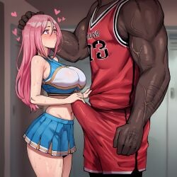 1boy ai_generated blue_skirt blush breasts bulge cheerleader crop_top cuckold dark-skinned_male dark_skin erection erection_under_clothes female hand_on_another's_head head_out_of_frame heart heart-shaped_pupils height_difference indoors interracial large_breasts large_penis locker locker_room long_hair midriff miniskirt momoi_satsuki muscular navel netorare penis_awe pink_eyes pink_hair pleated_skirt shirt shorts size_difference skirt sleeveless sportswear straight sweat symbol-shaped_pupils underwear veins zeulzin