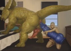 all_fours animal_genitalia animal_penis anthro anus ass balls bed bedroom digital_media_(artwork) dildo dinosaur erection furniture genital_slit genitals hi_res holding_dildo holding_object holding_sex_toy horn human human_on_anthro humanoid_genitalia humanoid_penis inside interspecies kneeling knot knotted_dildo knotted_penis larger_anthro male mammal nude orcfun penis prehistoric_species reptile scalie sex_toy size_difference slit_penis smaller_human solo tail