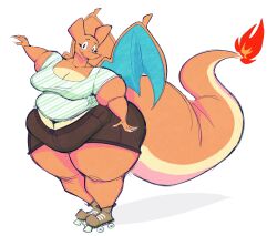 1girls 2021 4_fingers absurd_res aimbot-jones anthro bbw belly big_breasts bottomwear breasts charizard claws cleavage clothed clothing countershade_tail countershade_torso countershading deep_navel dragon eyelashes fat fat_dragon_female female female_only fingers fire full-length_portrait hi_res high-top_quad_skates horn huge_breasts huge_hips huge_thighs looking_at_viewer membrane_(anatomy) membranous_wings midriff navel nintendo non-mammal_breasts obese obese_anthro obese_dragon obese_female orange_body orange_scales overweight overweight_anthro overweight_dragon overweight_female pokémon_(species) pokemon pokemon_(species) portrait quad_skates rollerskates scales scalie shirt shorts smile solo standing thick_tail thick_thighs topwear valentina_(aimbot-jones) video_games wide_hips wings