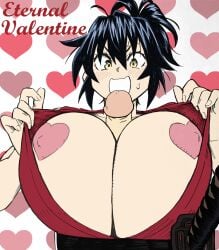 1boy 1girls about_to_burst big_breasts big_penis blue_hair blush breast_focus breasts breasts_bigger_than_head breasts_together bulging_breasts bursting_breasts busty cleavage deep_cleavage embarrassed enthusiastic_female erect_nipples female fit_female full_breasts full_of_milk gigantic_breasts happy happy_female heart heart-shaped_pasties heart_pasties heavy_breasts highres holidays huge_breasts imminent_oral imminent_sex japanese_clothes kimono konchiki light-skinned_female light-skinned_male light_skin manyuu_chifusa manyuu_hikenchou nervous_smile nipple_bulge nipples paizuri pasties ponytail pose smile sweatdrop teenager tight_clothing top_heavy traditional_media upper_body valentine valentine's_day voluptuous voluptuous_teenager well_endowed young