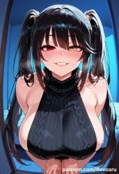 ai_generated big_breasts black_hair breasts date_a_live female huge_breasts mature mature_female quality revoaru solo sweater thick_thighs thighs tokisaki_kurumi virgin_killer_sweater