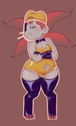 bare_shoulders belly_button big_belly big_hips boob_window bowtie bunnysuit cameltoe crossed_arms digitigrade disappointed exposed_belly fat flat_chest grey_skin hat latex_clothing outline pouting red_eyes red_hair shiny shortstack side_eye simple_background skin_tight sysnicat taski_maiden_(ena) thick_thighs