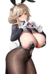 ade_(agent_bunny)_(nikke) ade_(nikke) alternate_costume blonde_hair blush braid breast_veins bunny_ears bunny_tail bunnysuit cleavage elvandec female fishnets goddess_of_victory:_nikke green_eyes heart_hands huge_breasts long_hair looking_at_viewer navel simple_background smile solo white_background